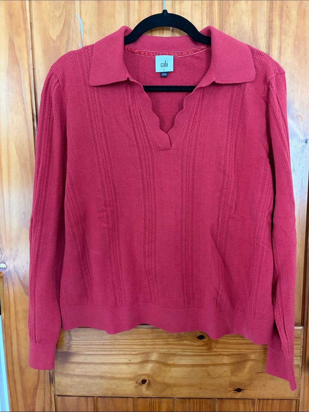 Cabi Athena Pullover Sweater Red Large Scalloped V-Neck pointelle collared polo
